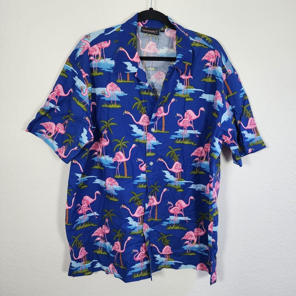 Vintage Steady Last Call Button Up Shirt XXL Mens Blue Flamingo Hawaiian